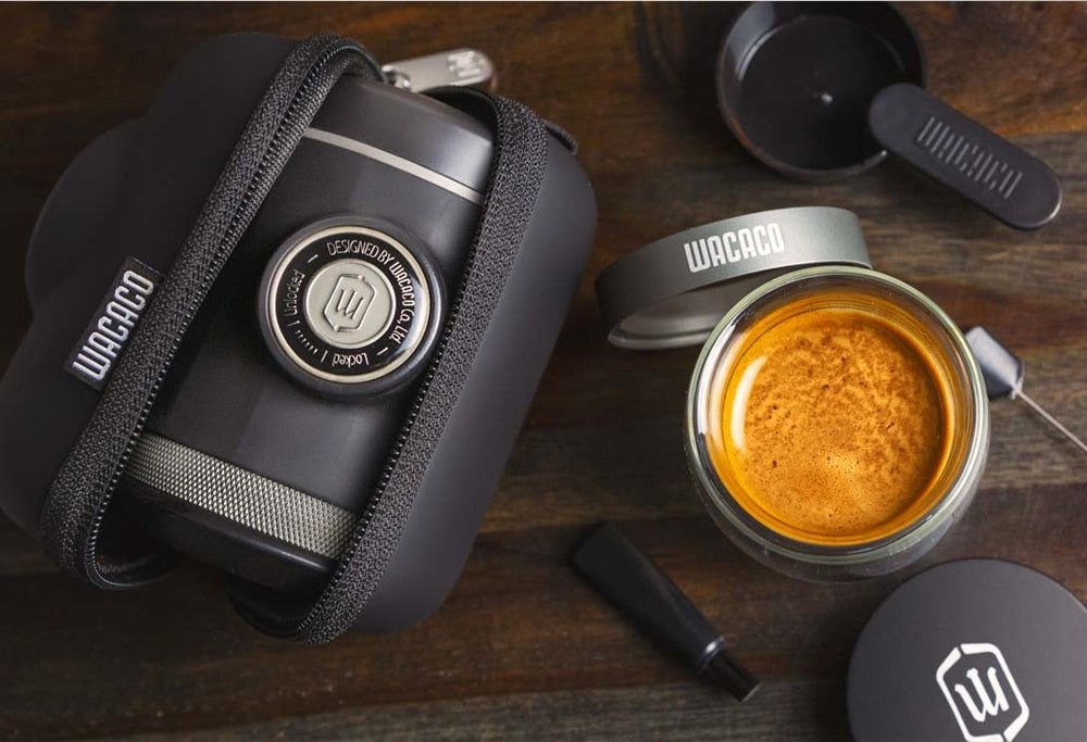 Picopresso in protective case next to crema espresso shot