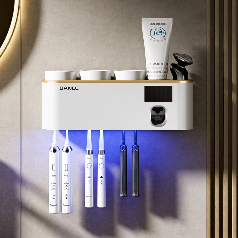 DANLE Multi-Functional Smart UV Toothbrush Sterilizer Upgrade Platinum White and Gold 3 Cup