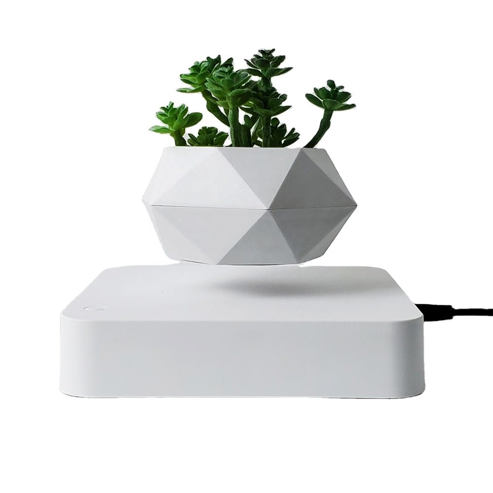 Levitating Bonsai Flower Pot Rotation White Base and White Planter Pot